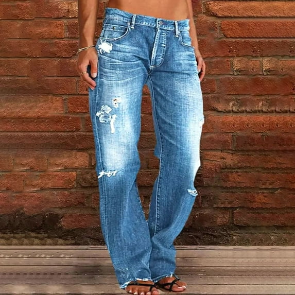 CHUOU Straight Leg Jeans For Women Ripped Hem Low Waisted Jeans For Women