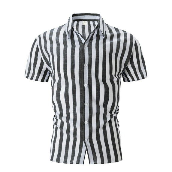CHUOU Summer Men's Beach Casual Yarn Dyed Striped Lapel Short Sleeved Shirt