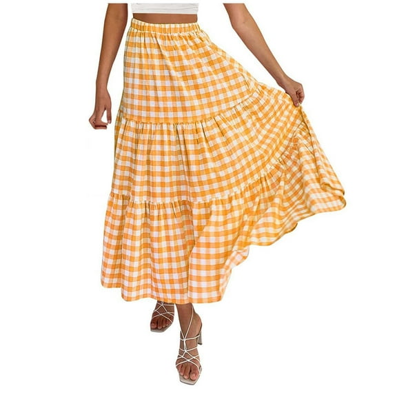 CHUOU Summer Plaid Multicolor A Line Cake Skirt Women's Mid Length Pleated Checkered Skirt