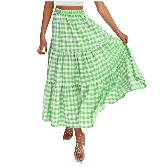 CHUOU Summer Plaid Multicolor A Line Cake Skirt Women's Mid Length Pleated Checkered Skirt