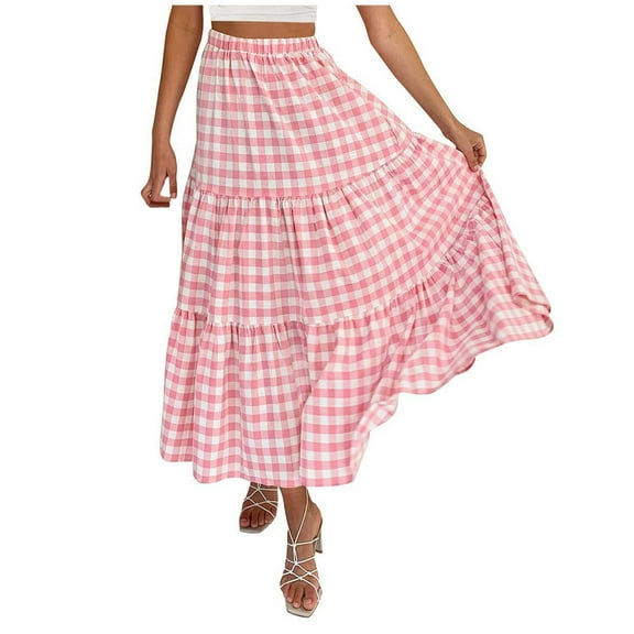 CHUOU Summer Plaid Multicolor A Line Cake Skirt Women's Mid Length Pleated Checkered Skirt