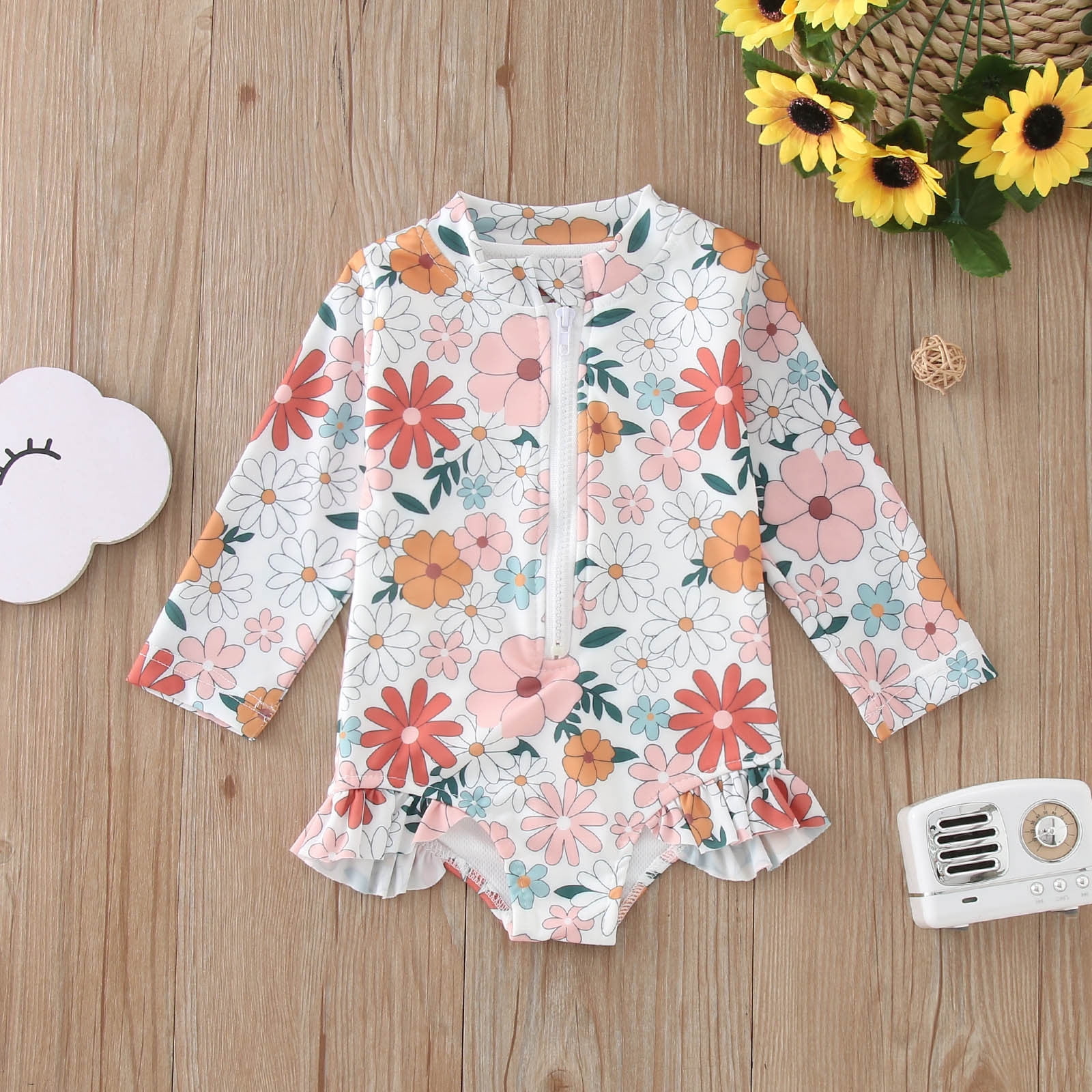 CHUOU Summer Toddler Girls Long Sleeve Floral Prints 1 Piece Swimwear
