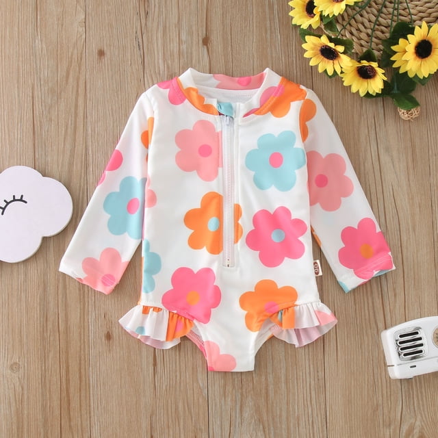 CHUOU Summer Toddler Girls Long Sleeve Floral Prints 1 Piece Swimwear