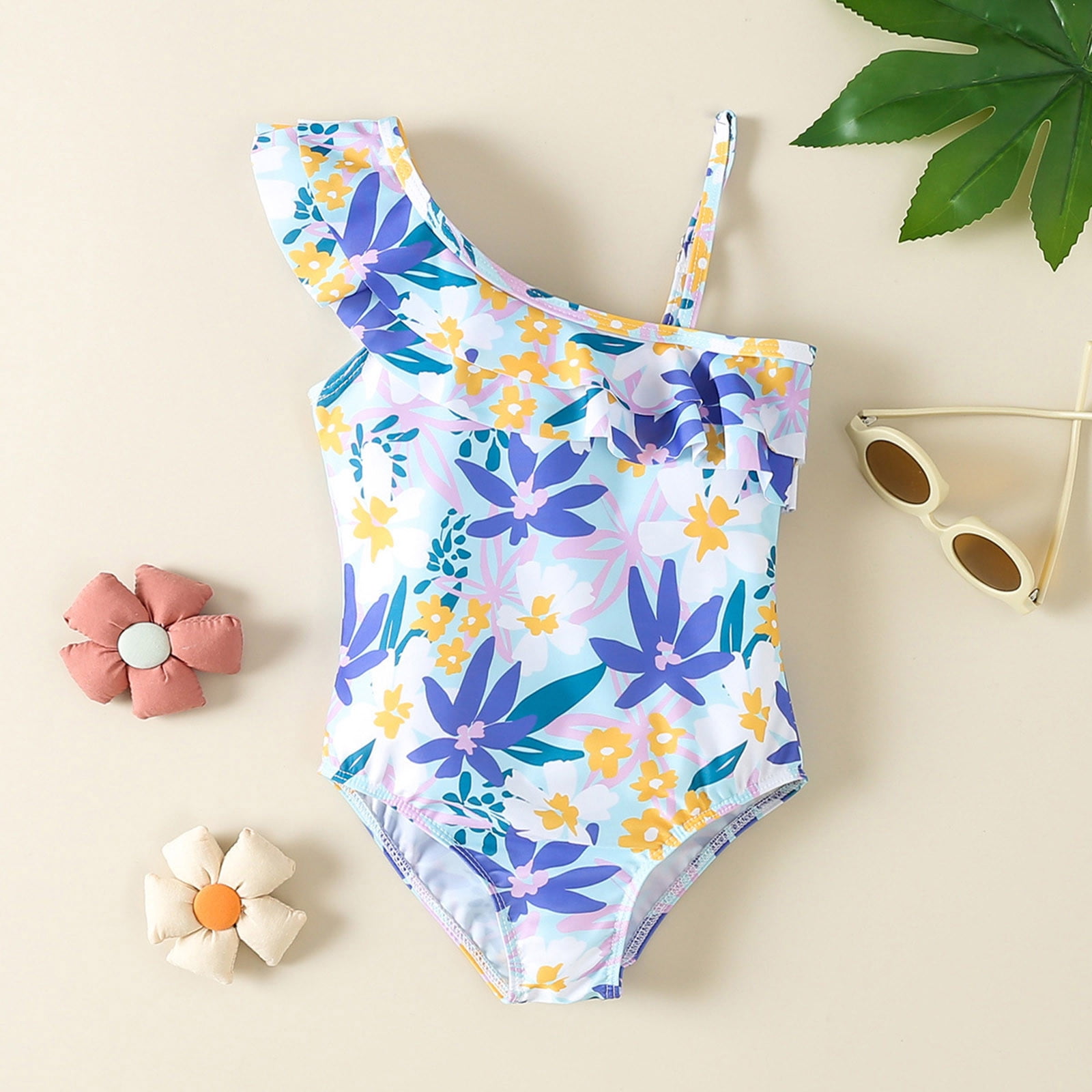 CHUOU Summer Toddler Girls Ruffles 1 Piece Swimwear Floral Prints Beach