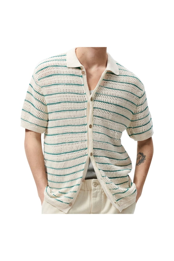 T Shirts for Men Crochet Hollow Out Leisure Striped Button Down Short Sleeve Lapel See Through Top Cute Streetwear