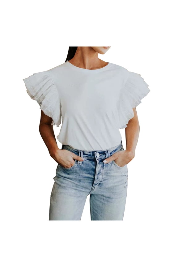 T Shirts for Women Knitted Tops Short Sleeves Womens Tulle Ruffle Sleeve Tops