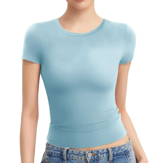 CHUOU T Shirts for Women Slim Tops Short Sleeve Round Neck Top Basic Solid Color Tight Tee Shirt Flowy Streetwear