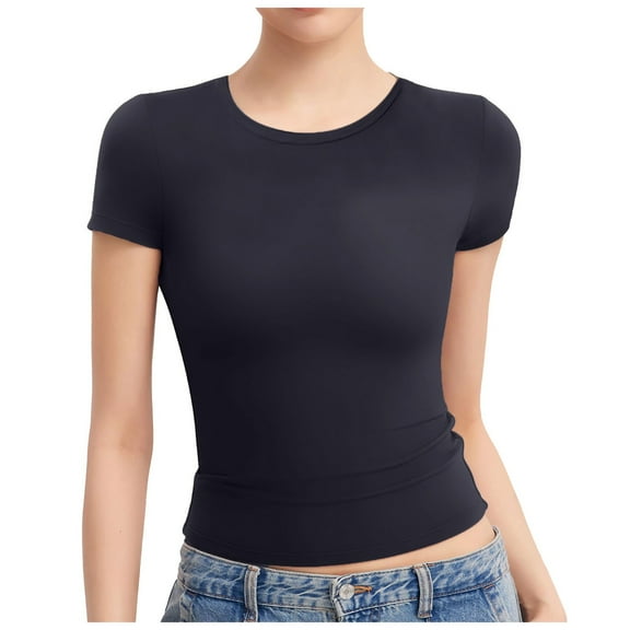 CHUOU T Shirts for Women Slim Tops Short Sleeve Round Neck Top Basic Solid Color Tight Tee Shirt Vintage Streetwear