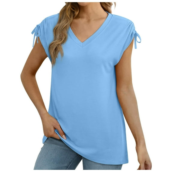 CHUOU T Shirts for Women Solid Color V Neck Short Sleeve Tie Side Loose Tee Shirt Causal Top