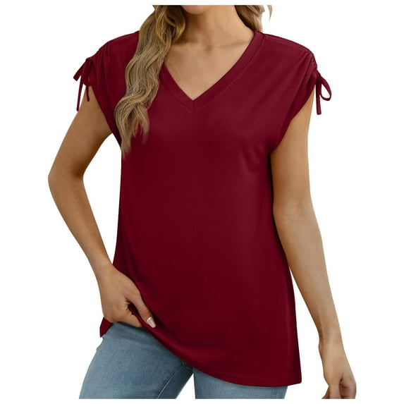 CHUOU T Shirts for Women Solid Color V Neck Short Sleeve Tie Side Loose Tee Shirt Cute Top