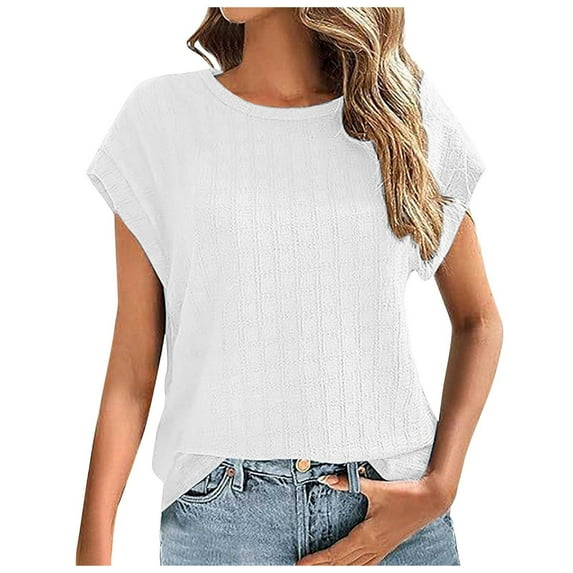 CHUOU T Shirts for Women Trendy Summer Short Sleeve Solid Color Plain Textured Round Neck T Shirts Modern Top