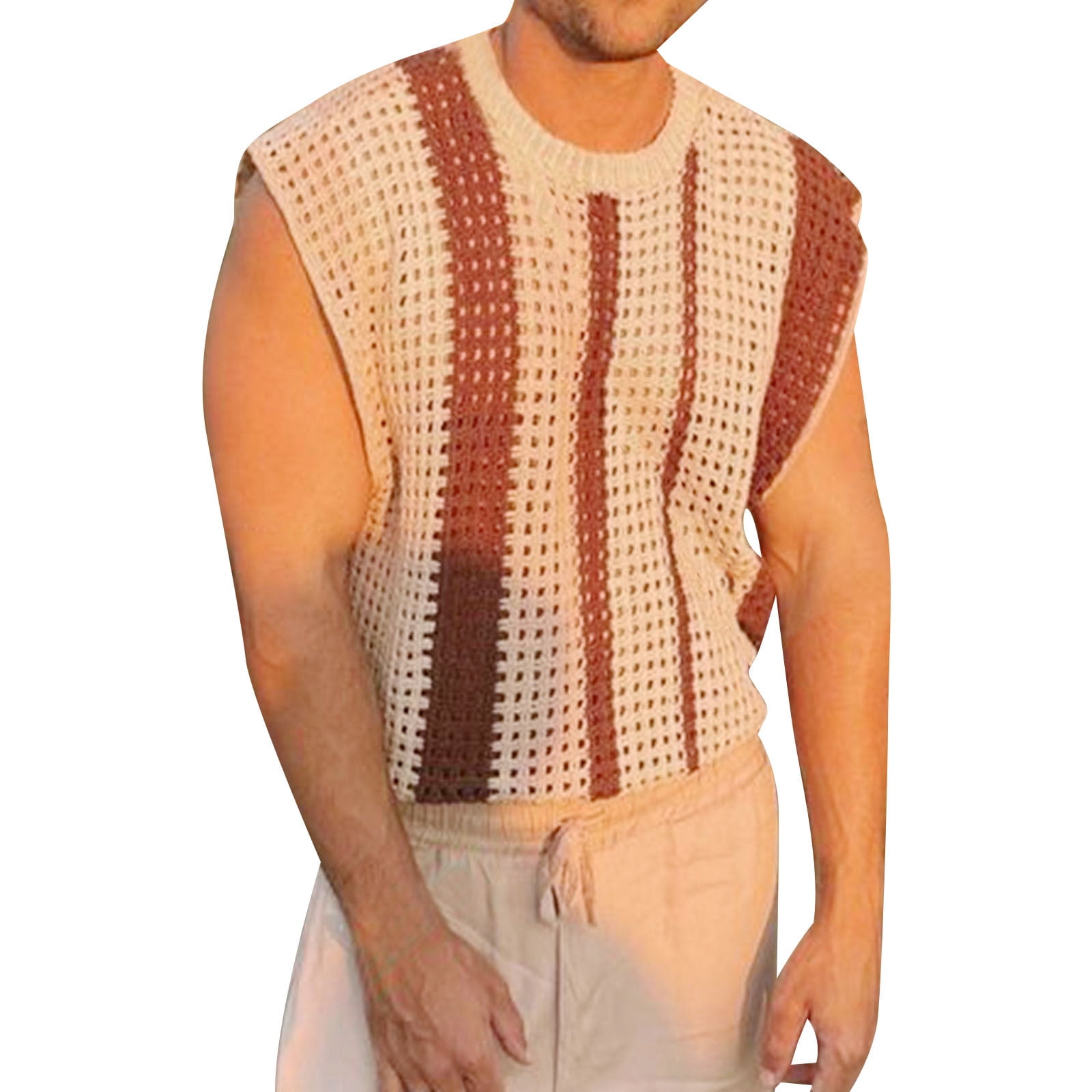 トップス Sullen vintage see through vest CHUOU Tank Tops for Men Crochet Hollow Out Leisure Striped Round