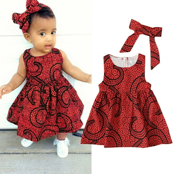 CHUOU Toddler Kids Baby Girls African Dashiki Traditional Style Sleeveless Dress Ankara Princess Dresses Headband Outfits 6M-3Y
