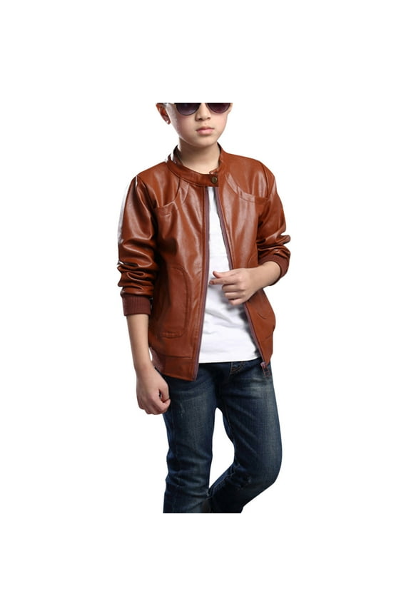 Toddler Kids Little Boys Long Sleeve Leather Zipper Jacket Spring Autumn Lightweight PU Coat For Boys