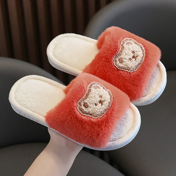 CHUOU Winter Children's Cotton Shoes Boys And Girls Indoor Leisure Cartoon Cute Bear Non Comfortable Thick Bottom Plush Slippers