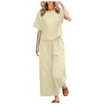 thumbnail image 1 of CHUOU Women 2 Piece Linen Outfit Sets Cotton Short Sleeve Shirt Wide Leg Trousers Pant Two Pieces Tracksuit, 1 of 5