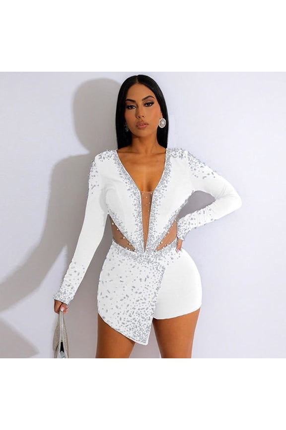 Women Bodycon Rhinestone Jumpsuits Short Pants Club Party Rompers