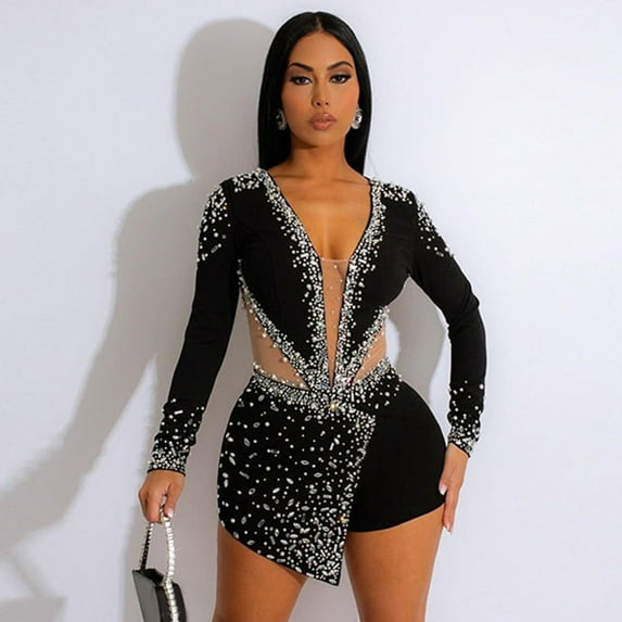 CHUOU Women Bodycon Rhinestone Jumpsuits Short Pants Club Party Rompers