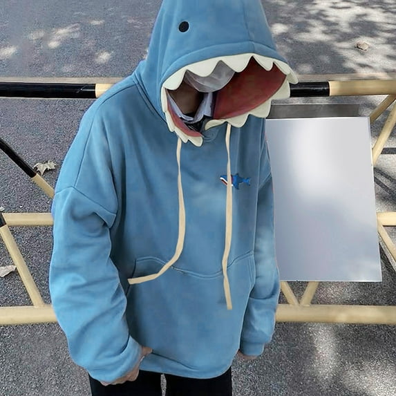 CHUOU Women Cute Shark Hoodie Long Sleeve Blue Kawaii Shark Shape Hooded Pullover Sweatshirts