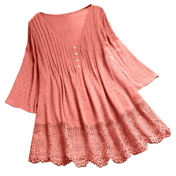 CHUOU Women Plus Size Shirts Casual Tops Vintage Ruffled Three Quarter Lace V Neck Plus Size Top T Shirt Blouse