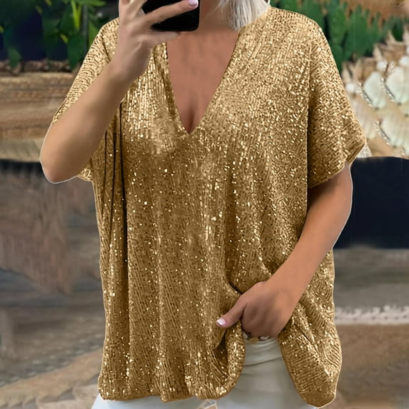 CHUOU Women Plus Size Sparkly Sequin Blingbling V Neck Short Sleeve Loose Top Tee Shirt