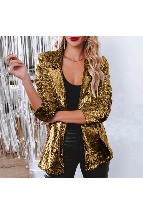 Women Sequins Sequin Jacket Casual Long Sleeve Glitter Party Shiny Lapel Coat Rave Outerwear