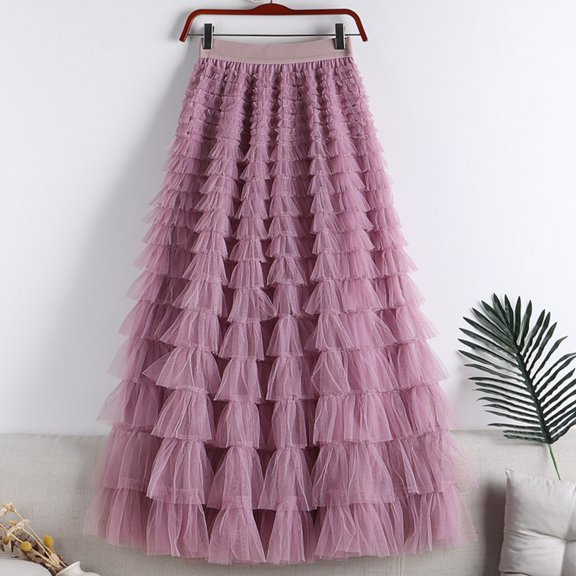 CHUOU Women Skirt Fashion New Pattern Mesh Stitching Solid Color Four Season Cute Puffy Skirt Long Skirt