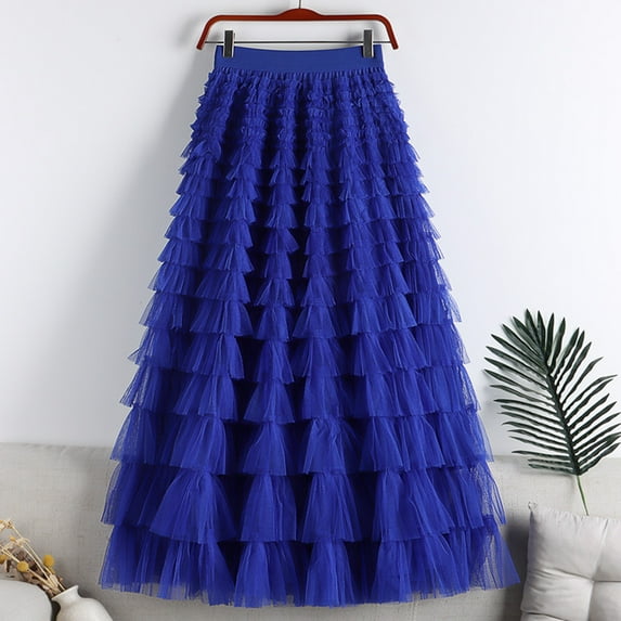 CHUOU Women Skirt Fashion New Pattern Mesh Stitching Solid Color Four Season Cute Puffy Skirt Long Skirt