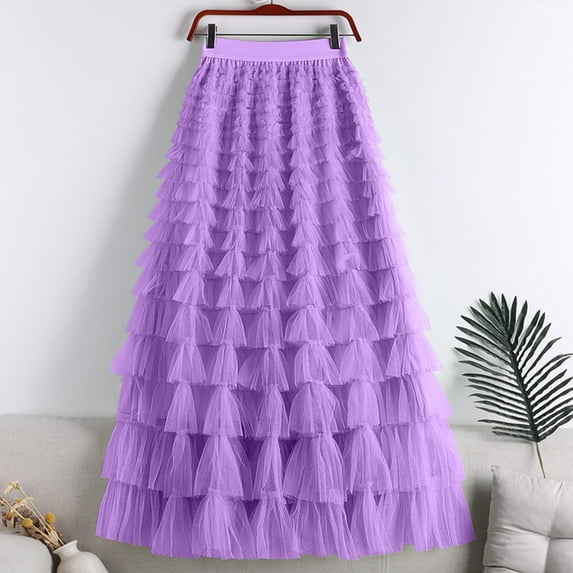 CHUOU Women Skirt Fashion New Pattern Mesh Stitching Solid Color Four Season Cute Puffy Skirt Long Skirt