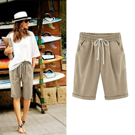 CHUOU Women Summer Cotton Pants Plus Size High Waisted Shorts Lacing Beach Workout Pocket Five Point Pants