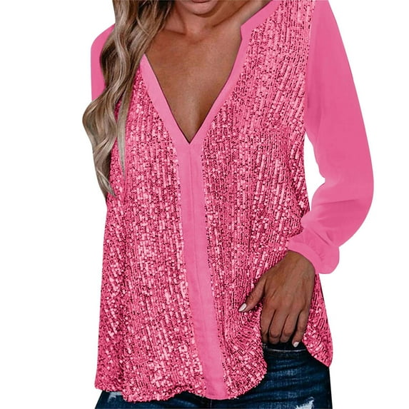 CHUOU Women V Neck Sequin Soild Color Long Sleeve Fold Navel Casual Blouse Tops