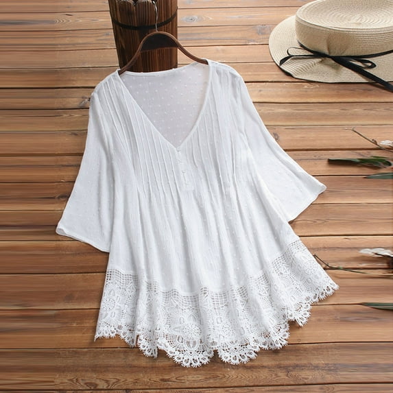 CHUOU Women Vintage Three Quarter Lace V Neck Plus Size Top T Shirt Blouse