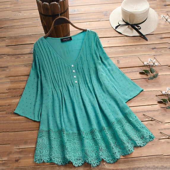 CHUOU Women Vintage Three Quarter Lace V Neck Plus Size Top T Shirt Blouse