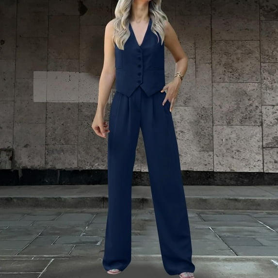 CHUOU Women's 2 Piece Casual Outfits Womens Button Sleeveless Vest Shirt Straight Wide Leg Trousers With Pockets
