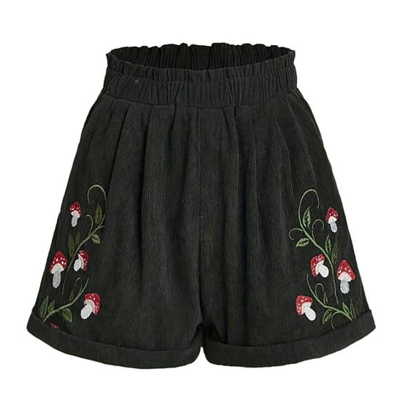 CHUOU Women's Embroidery Corduroy Shorts Waist Elastic Waist Straight Leg Casual Shorts