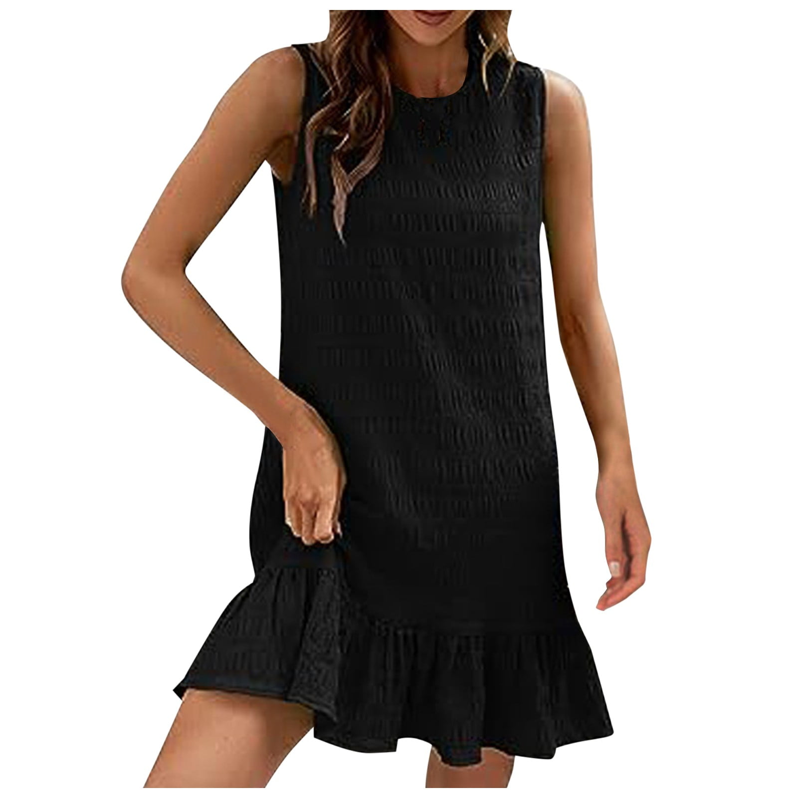 CHUOU Women's Ruffle Hem Sleeveless Tank Dress Round Neck Casual Smock Summer Mini Dresses