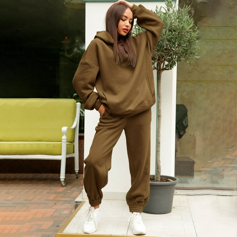 CHUOU Women s Solid Color Korean Style Fashion Hooded Sweatshirt And Pants Set 2 Piece Outfit Walmart
