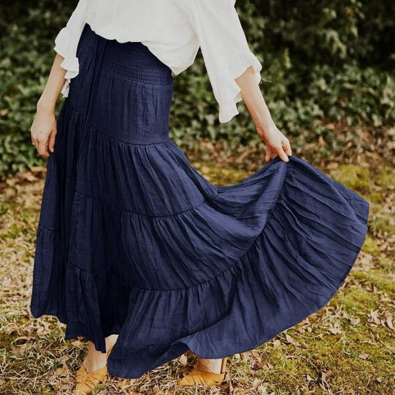 CHUOU Women's Summer Elastic High Waist Boho Maxi Skirt Casual Drawstring A Line Long Skirt