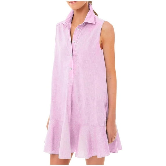 CHUOU Women's Tunic Mini Shirt Dress Cotton Sleeveless Cute Chambray Dress Button Up Flowy Ruffle Hem Dresses With Pockets