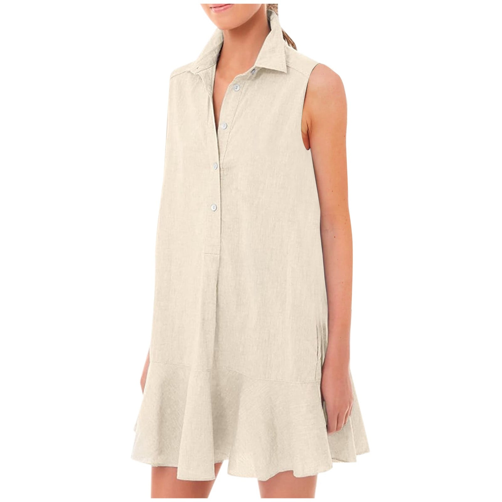 CHUOU Women's Tunic Mini Shirt Dress Cotton Sleeveless Cute Chambray Dress  Button Up Flowy Ruffle Hem Dresses With Pockets - Walmart.com