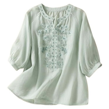 CHUOU Women's Vintage Linen Cotton Embroidered Shirt Summer V Neck Simplicity Solid Color Â¾ Sleeve Top
