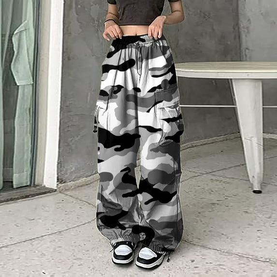 CHUOU Womens Baggy Cargo Camo Print Pants Streetwear Hop Joggers Sweatpants Drawstring Casual Loose Wide Leg Trousers