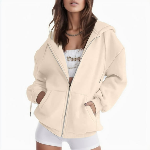 CHUOU Womens Casual Solid Long Sleeve Zipper Hooded Coat Pocket Sweatshirt Tops