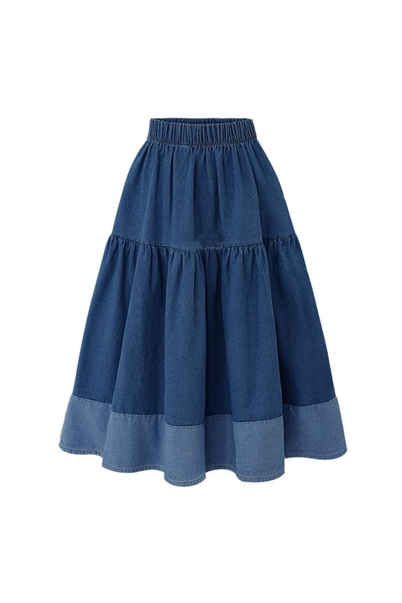 Womens High Waist Tiered Long Skirts Denim Elastic Casual Skirts