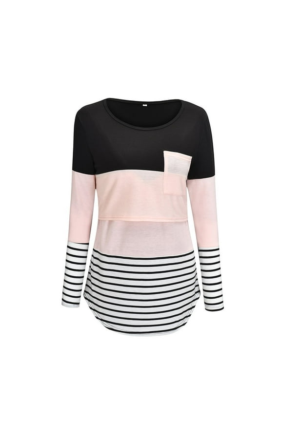 Womens Maternity Long Sleeve Striped Print Nursing Tops T-shirt For Breastfeeding