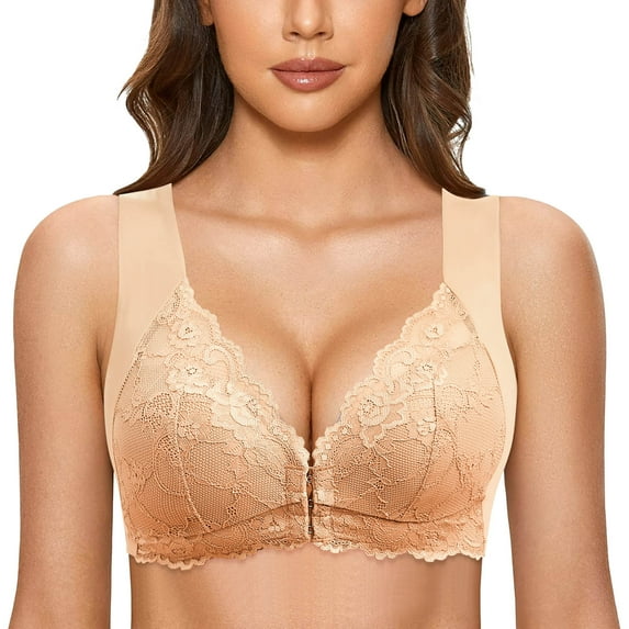 CHUOU Womens No Steel Ring French Womens Front Close Bra T Back Plus Size Seamless Unlined Bra For Large Bust
