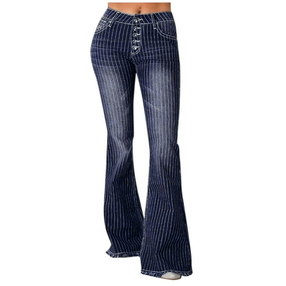 CHUOU Womens Striped Bell Bottom Jeans Button Flared Denim Pants