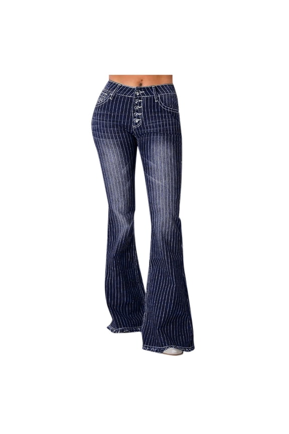 Womens Striped Bell Bottom Jeans Button Flared Denim Pants