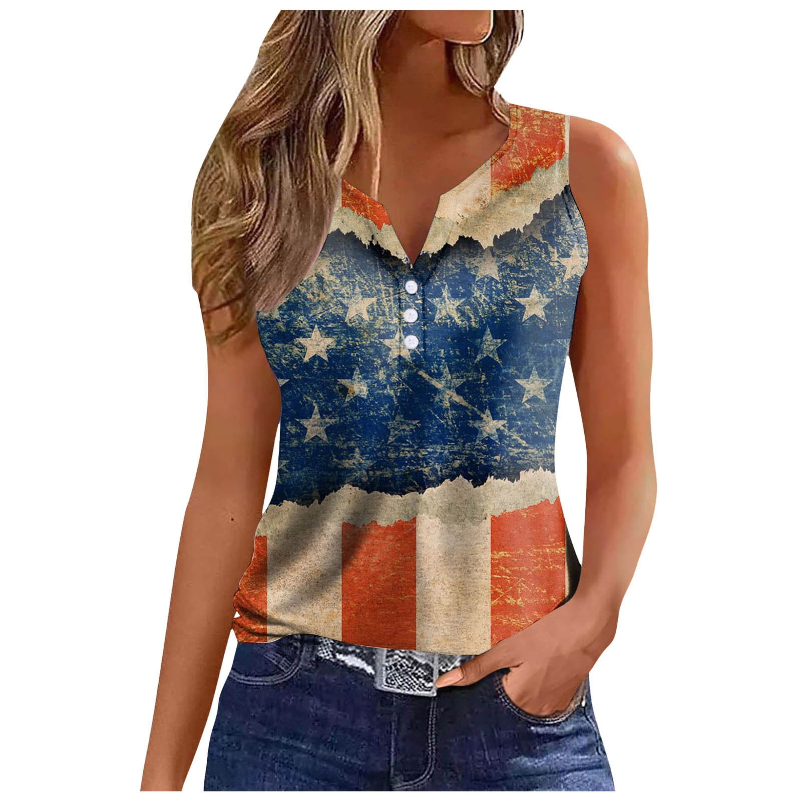 CHUOU Womens Suitable V Neck Sleeveless Print Tank Tops Summer Casual