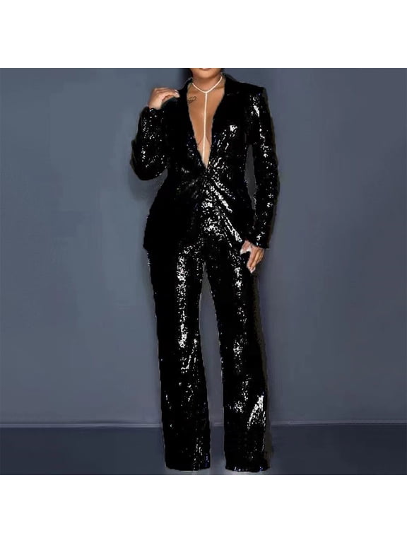 Womens Suits Set Sequin 2 Piece Pants Set Notch Lapel Slim Fit Formal Suits Womens Tuxedo Suit Sequin Sets